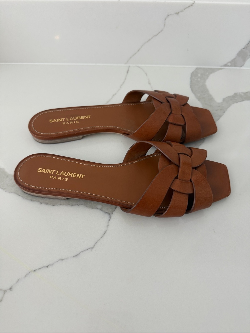 Saint Laurent Tan Leather Braided Slide Sandals - Picture 3 of 4